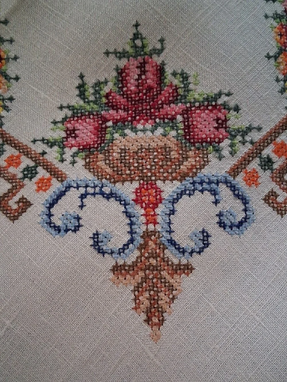 Vintage Cross-stiched Floral Table Linen Set - Cream with Pink & Green Accents